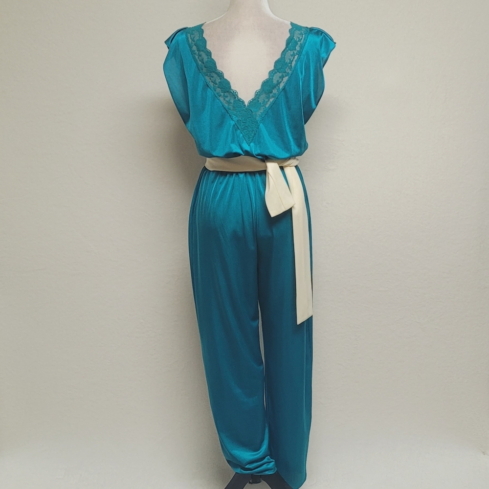 70s Vintage Lady Cameo Dallas Turquoise Lace Plunging Neckline Belted Jumpsuit M - Picture 10 of 14